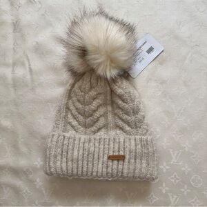 Starling Cream Knit Hat with Faux Fur Pom